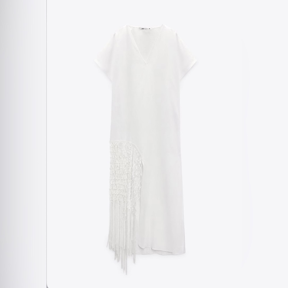 Zara Fringed White Linen Dress - Picture 7 of 9